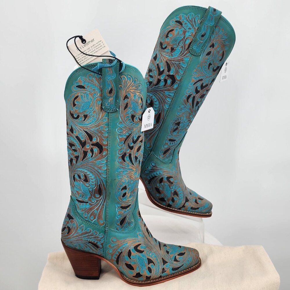 Myra Bag Kasiopeah Turquoise Hand Tooled Leather Western Cowboy Boots Size 6 NWT